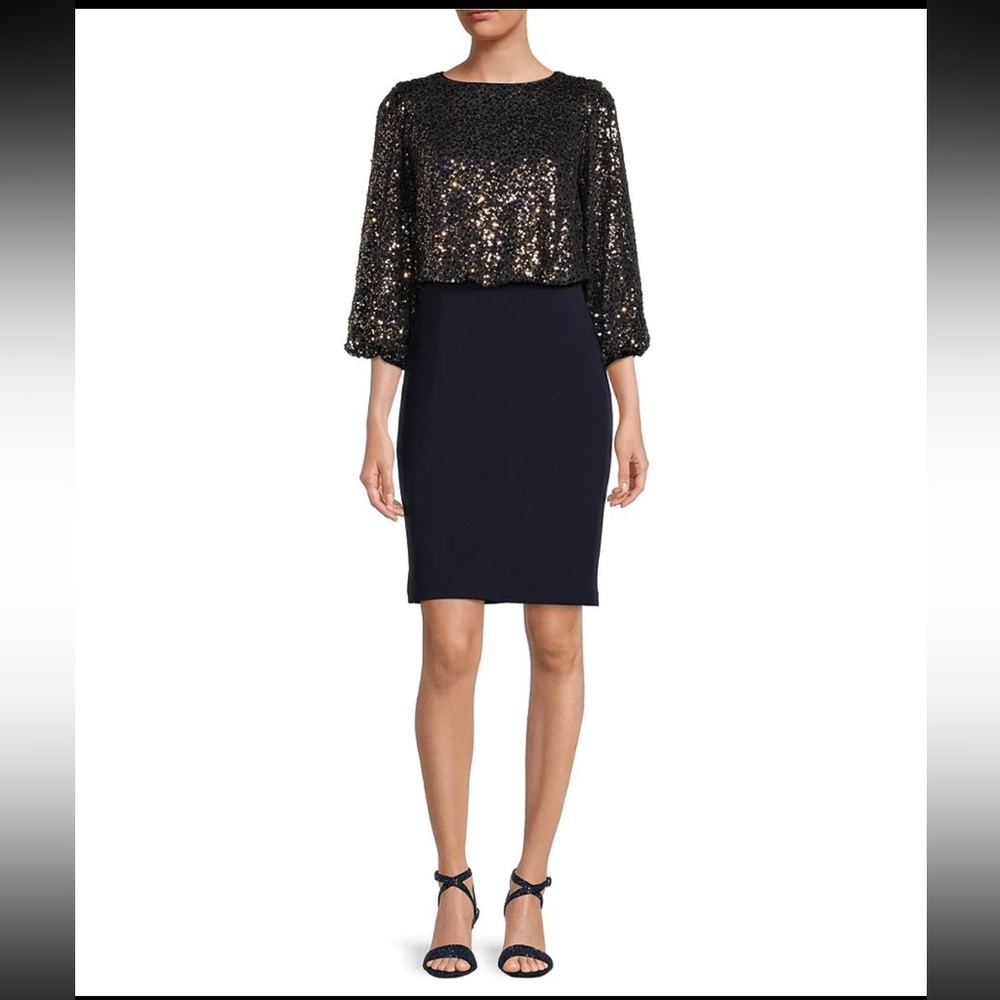 Jessica Howard Sequin 3/4 Puff Sleeve Boat Neck Suba Crepe Blouson Dress